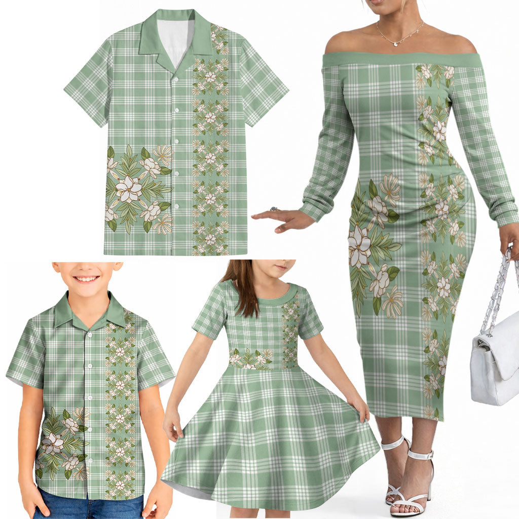 Liko Kukui Hawai'i Palaka Squares Maile Leaf Family Matching Off The Shoulder Long Sleeve Dress and Hawaiian Shirt Flowers Hawaiian Quilt Patterns