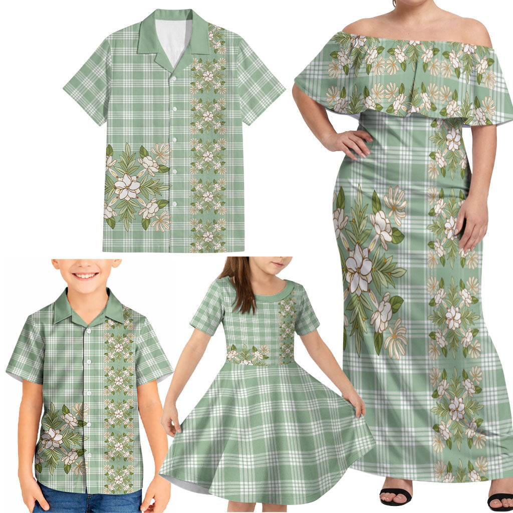 Liko Kukui Hawai'i Palaka Squares Maile Leaf Family Matching Off Shoulder Maxi Dress and Hawaiian Shirt Flowers Hawaiian Quilt Patterns LT9 - Polynesian Pride
