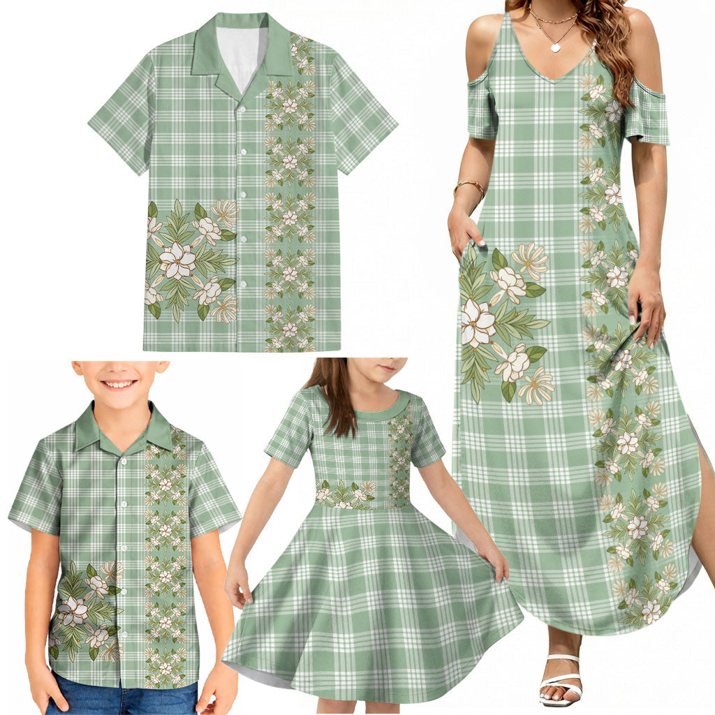 Liko Kukui Hawai'i Palaka Squares Maile Leaf Family Matching Summer Maxi Dress and Hawaiian Shirt Flowers Hawaiian Quilt Patterns