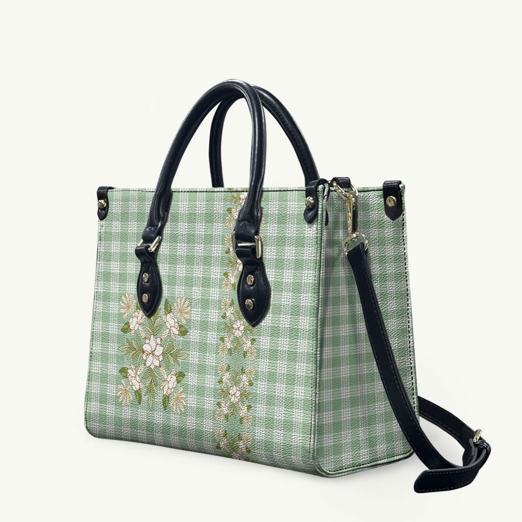 Liko Kukui Hawai'i Palaka Squares Maile Leaf Leather Bag Flowers Hawaiian Quilt Patterns LT9 Sage Green - Polynesian Pride