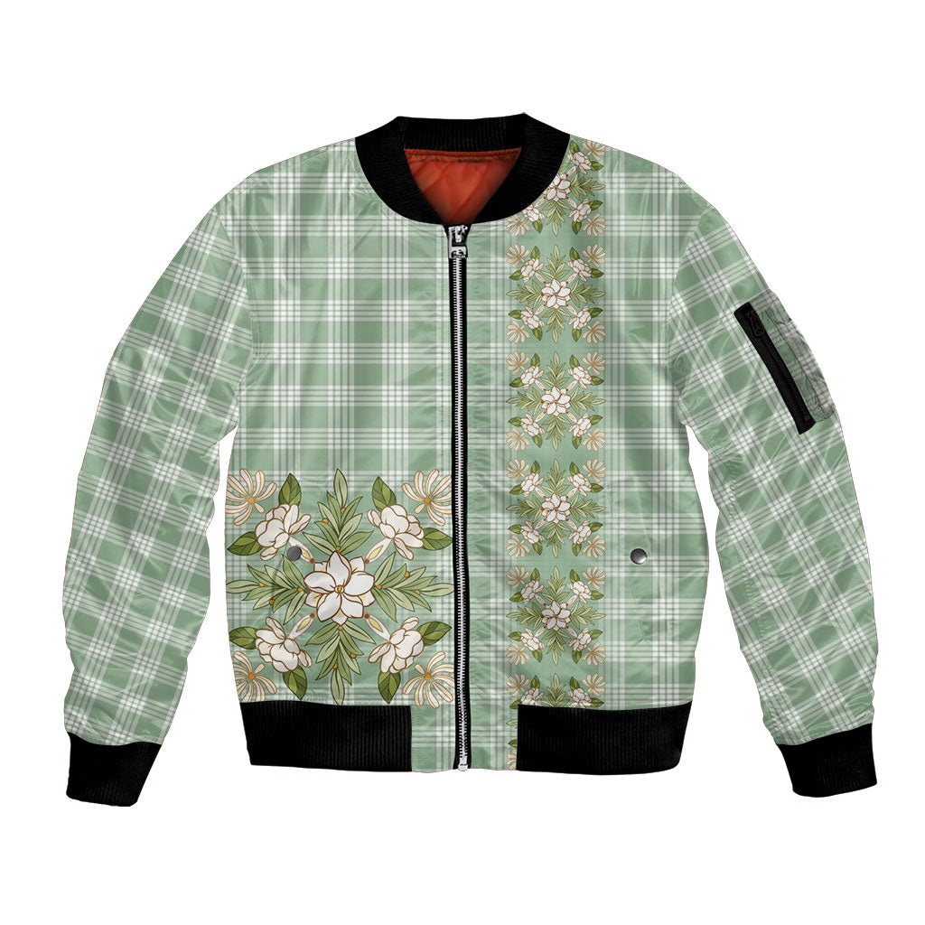 Liko Kukui Hawai'i Palaka Squares Maile Leaf Sleeve Zip Bomber Jacket Flowers Hawaiian Quilt Patterns LT9 Unisex Sage Green - Polynesian Pride