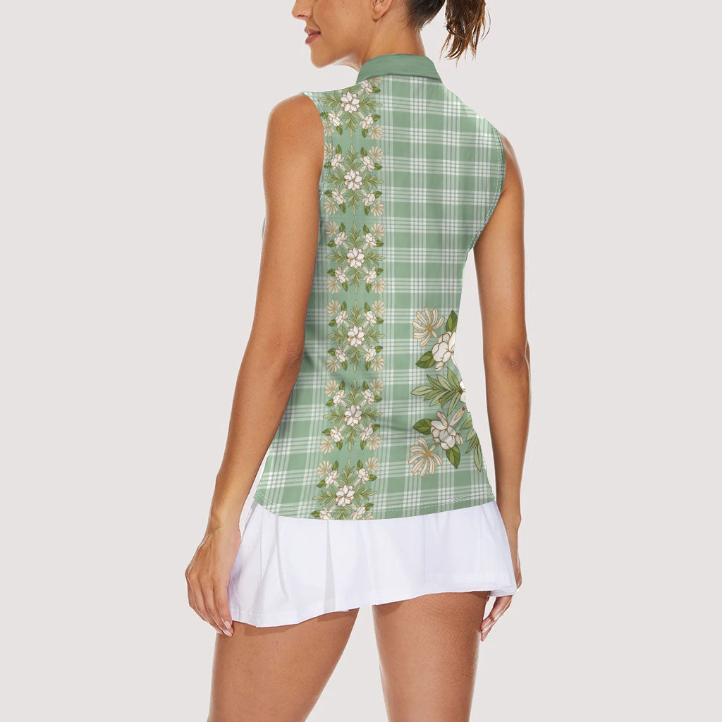 Liko Kukui Hawai'i Palaka Squares Maile Leaf Women Sleeveless Polo Shirt Flowers Hawaiian Quilt Patterns