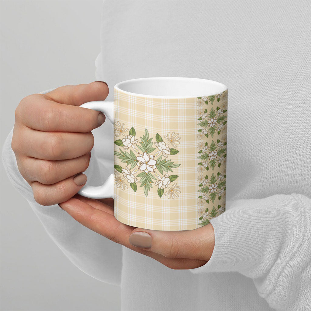 Melemele Ahiahia Hawai'i Palaka Squares Maile Leaf Ceramic Mug Flowers Hawaiian Quilt Patterns