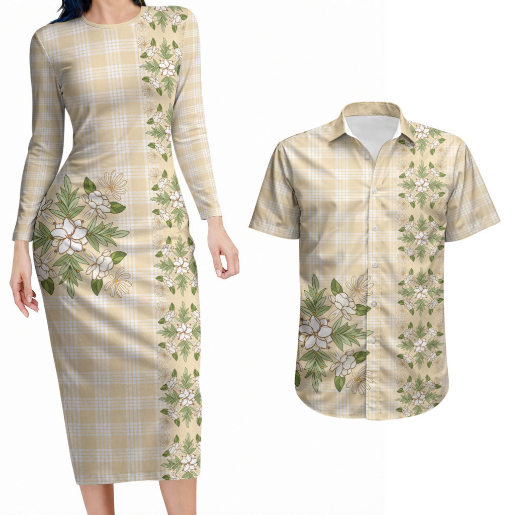 Melemele Ahiahia Hawai'i Palaka Squares Maile Leaf Couples Matching Long Sleeve Bodycon Dress and Hawaiian Shirt Flowers Hawaiian Quilt Patterns LT9 Pastel Yellow - Polynesian Pride