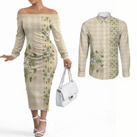 Melemele Ahiahia Hawai'i Palaka Squares Maile Leaf Couples Matching Off The Shoulder Long Sleeve Dress and Long Sleeve Button Shirt Flowers Hawaiian Quilt Patterns