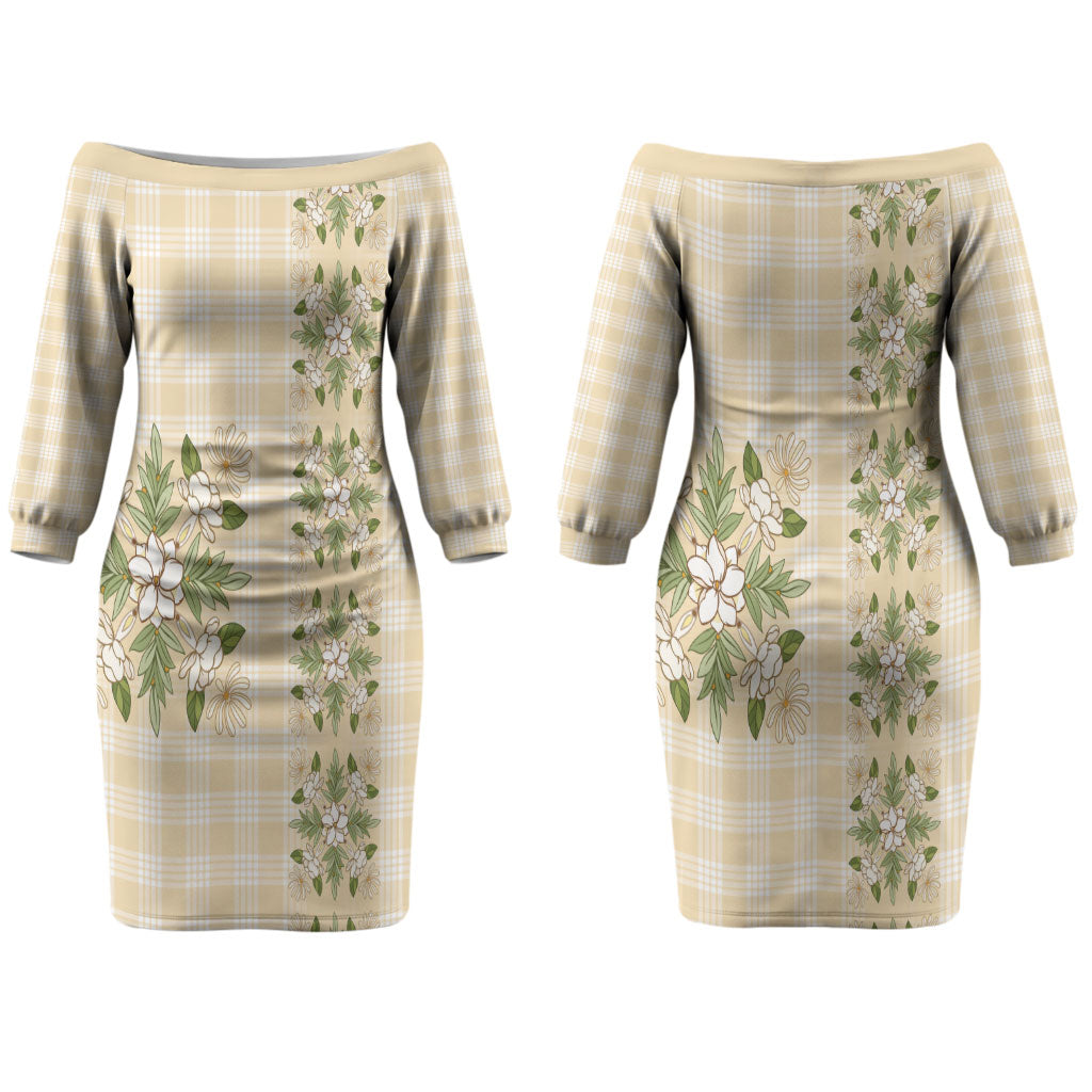 Melemele Ahiahia Hawai'i Palaka Squares Maile Leaf Couples Matching Off The Shoulder Long Sleeve Dress and Long Sleeve Button Shirt Flowers Hawaiian Quilt Patterns