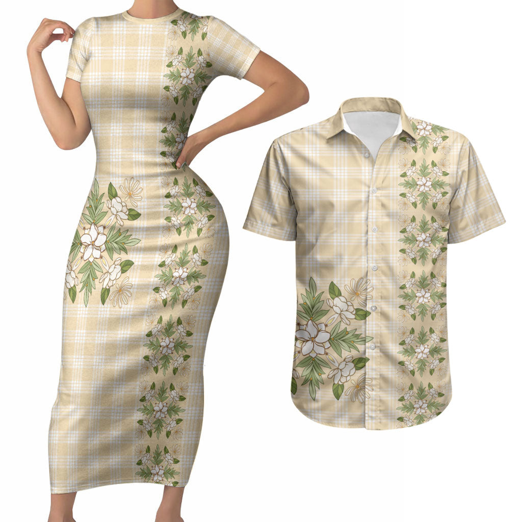 Melemele Ahiahia Hawai'i Palaka Squares Maile Leaf Couples Matching Short Sleeve Bodycon Dress and Hawaiian Shirt Flowers Hawaiian Quilt Patterns