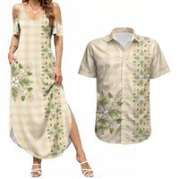 Melemele Ahiahia Hawai'i Palaka Squares Maile Leaf Couples Matching Summer Maxi Dress and Hawaiian Shirt Flowers Hawaiian Quilt Patterns