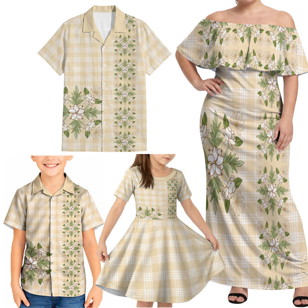 Melemele Ahiahia Hawai'i Palaka Squares Maile Leaf Family Matching Off Shoulder Maxi Dress and Hawaiian Shirt Flowers Hawaiian Quilt Patterns LT9 - Polynesian Pride
