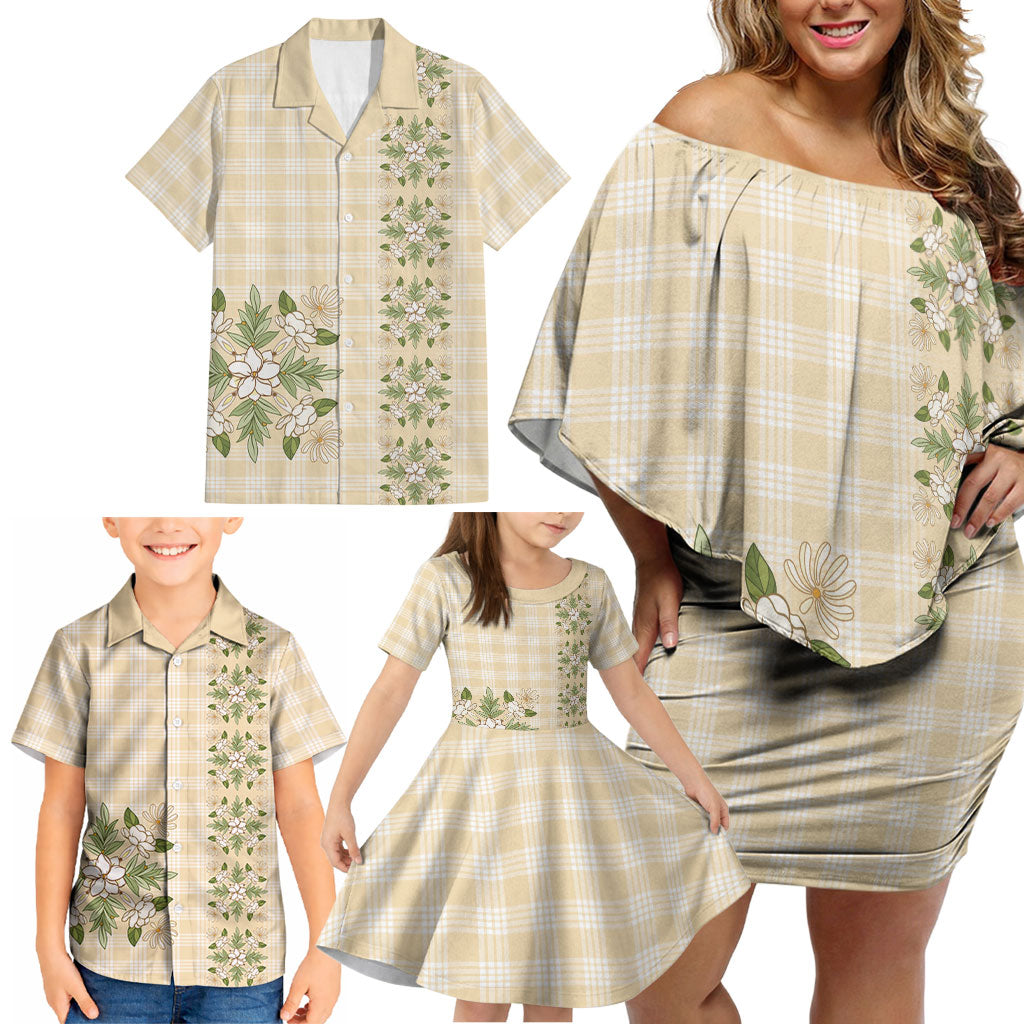 Melemele Ahiahia Hawai'i Palaka Squares Maile Leaf Family Matching Off Shoulder Short Dress and Hawaiian Shirt Flowers Hawaiian Quilt Patterns LT9 - Polynesian Pride