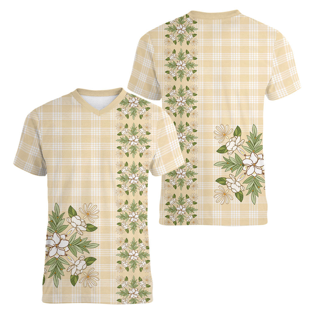 Melemele Ahiahia Hawai'i Palaka Squares Maile Leaf Women V-Neck T-Shirt Flowers Hawaiian Quilt Patterns