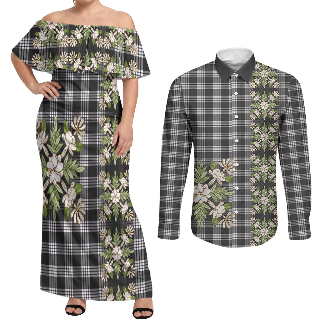 Pauli Hawai'i Palaka Squares Maile Leaf Couples Matching Off Shoulder Maxi Dress and Long Sleeve Button Shirt Flowers Hawaiian Quilt Patterns