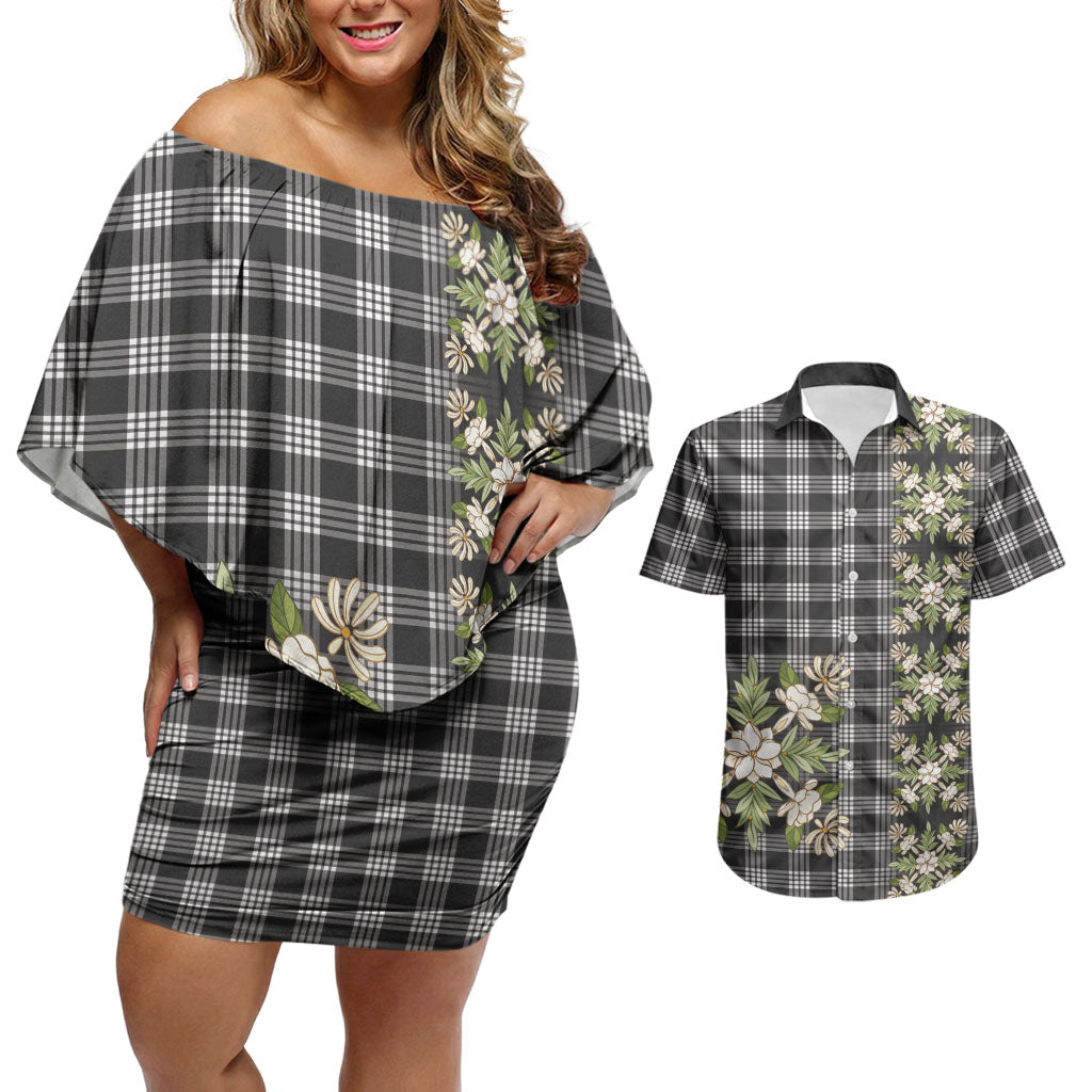 Pauli Hawai'i Palaka Squares Maile Leaf Couples Matching Off Shoulder Short Dress and Hawaiian Shirt Flowers Hawaiian Quilt Patterns LT9 Soft Black - Polynesian Pride