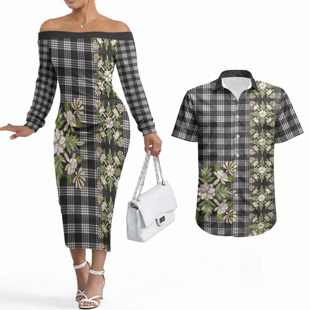 Pauli Hawai'i Palaka Squares Maile Leaf Couples Matching Off The Shoulder Long Sleeve Dress and Hawaiian Shirt Flowers Hawaiian Quilt Patterns