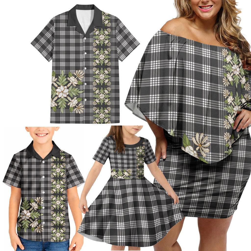 Pauli Hawai'i Palaka Squares Maile Leaf Family Matching Off Shoulder Short Dress and Hawaiian Shirt Flowers Hawaiian Quilt Patterns LT9 - Polynesian Pride