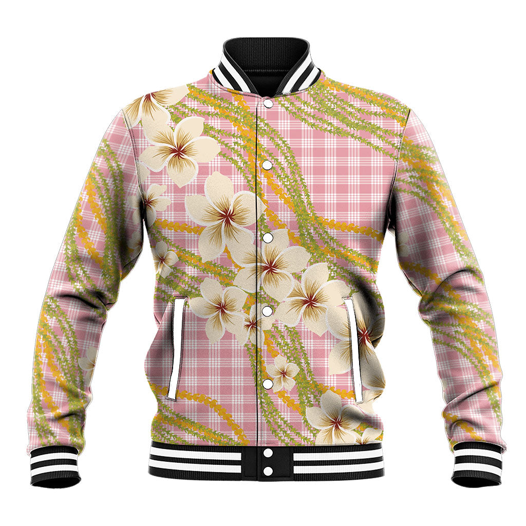 Akala Hamele Palaka Plumeria Baseball Jacket Puakenikeni and Maile Lei