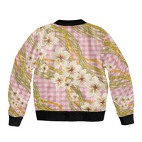 Akala Hamele Palaka Plumeria Bomber Jacket Puakenikeni and Maile Lei