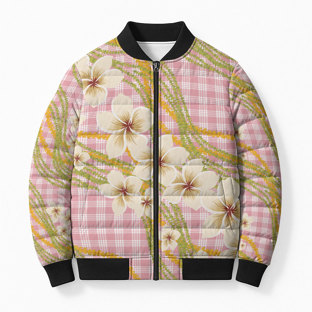 Akala Hamele Palaka Plumeria Bomber Puffer Jacket Puakenikeni and Maile Lei