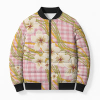 Akala Hamele Palaka Plumeria Bomber Puffer Jacket Puakenikeni and Maile Lei