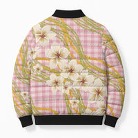 Akala Hamele Palaka Plumeria Bomber Puffer Jacket Puakenikeni and Maile Lei
