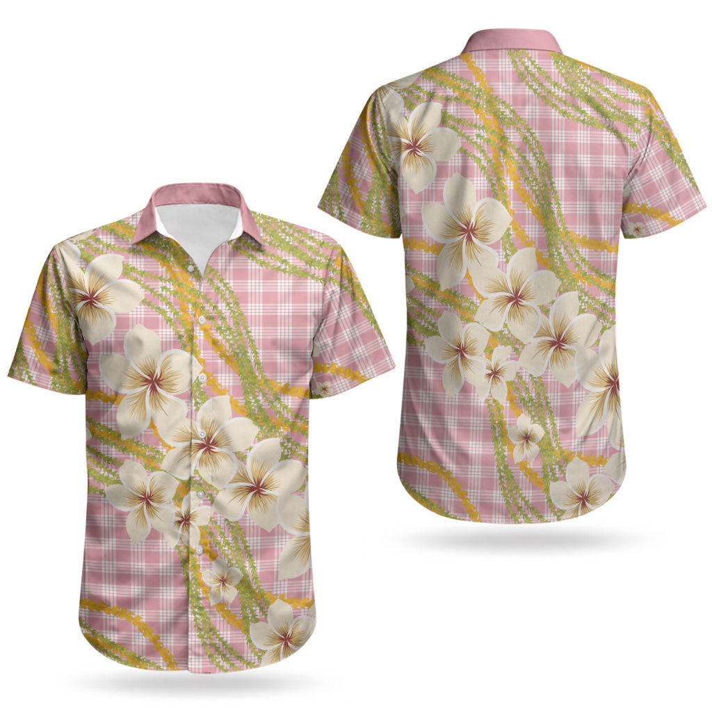 Akala Hamele Palaka Plumeria Couples Matching Long Sleeve Bodycon Dress and Hawaiian Shirt Puakenikeni and Maile Lei
