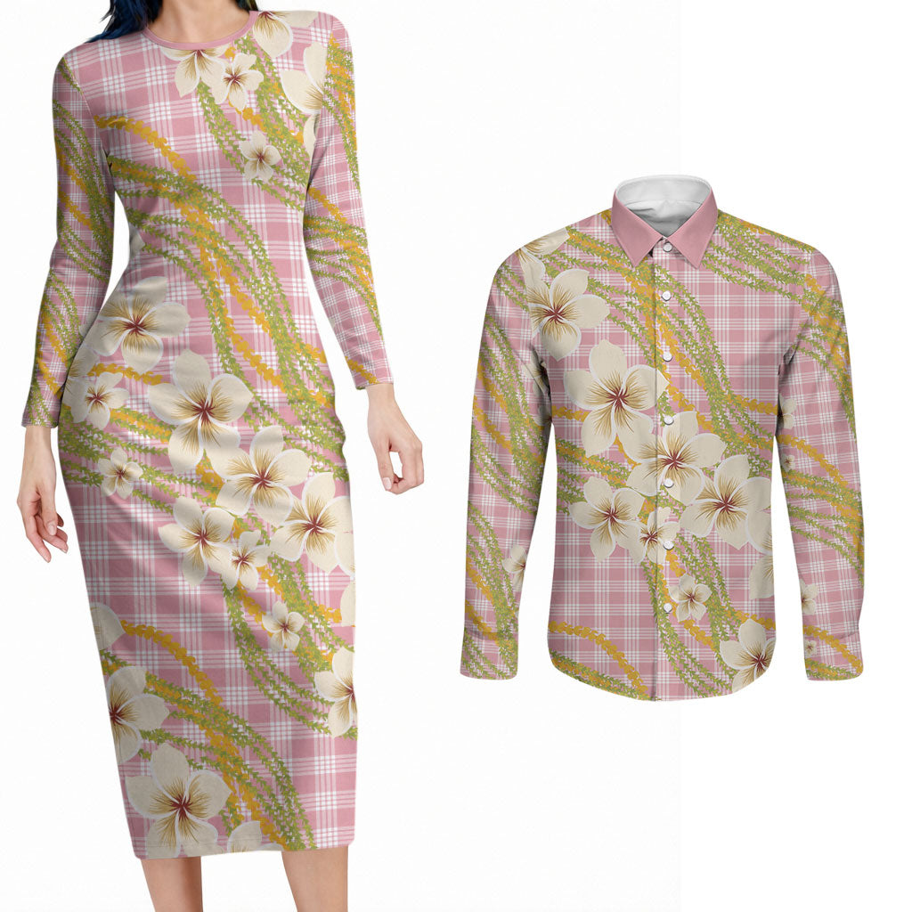 Akala Hamele Palaka Plumeria Couples Matching Long Sleeve Bodycon Dress and Long Sleeve Button Shirt Puakenikeni and Maile Lei