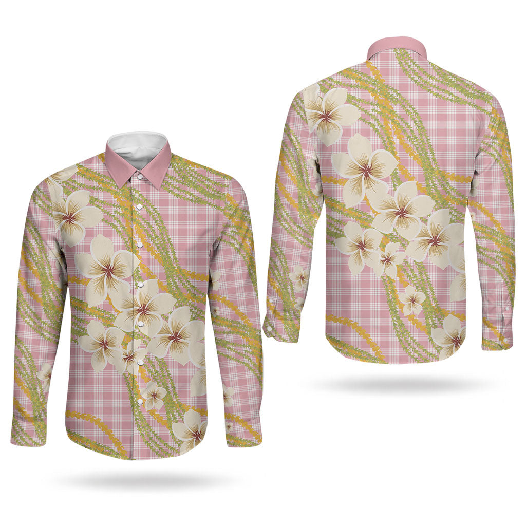 Akala Hamele Palaka Plumeria Couples Matching Long Sleeve Bodycon Dress and Long Sleeve Button Shirt Puakenikeni and Maile Lei