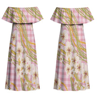 Akala Hamele Palaka Plumeria Couples Matching Off Shoulder Maxi Dress and Hawaiian Shirt Puakenikeni and Maile Lei