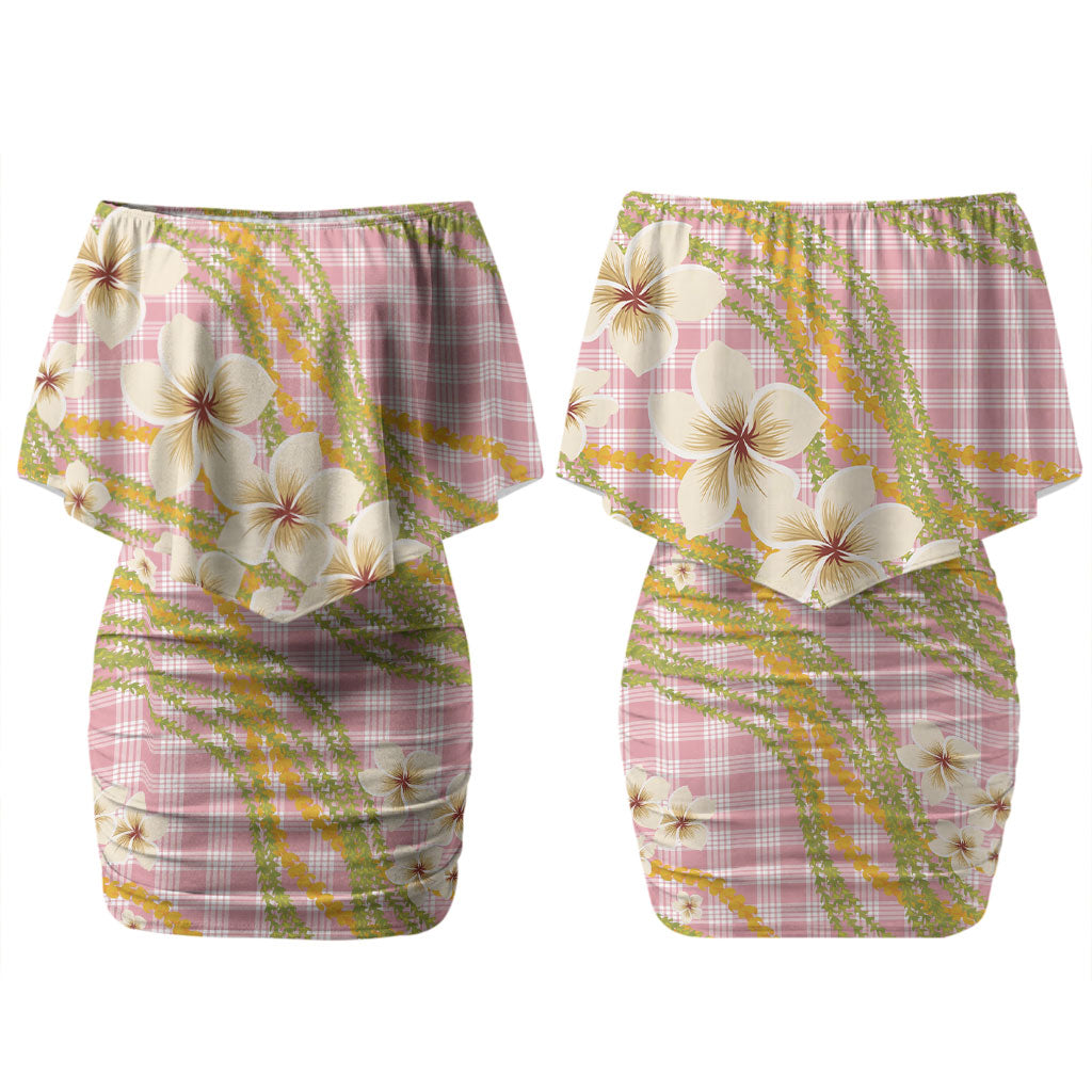 Akala Hamele Palaka Plumeria Couples Matching Off Shoulder Short Dress and Hawaiian Shirt Puakenikeni and Maile Lei