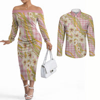 Akala Hamele Palaka Plumeria Couples Matching Off The Shoulder Long Sleeve Dress and Long Sleeve Button Shirt Puakenikeni and Maile Lei