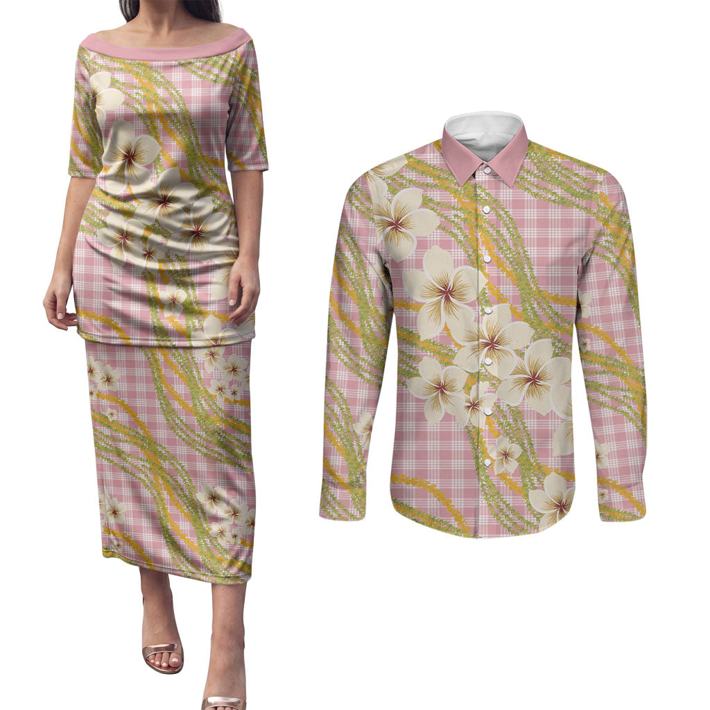 Akala Hamele Palaka Plumeria Couples Matching Puletasi and Long Sleeve Button Shirt Puakenikeni and Maile Lei