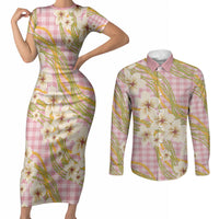 Akala Hamele Palaka Plumeria Couples Matching Short Sleeve Bodycon Dress and Long Sleeve Button Shirt Puakenikeni and Maile Lei