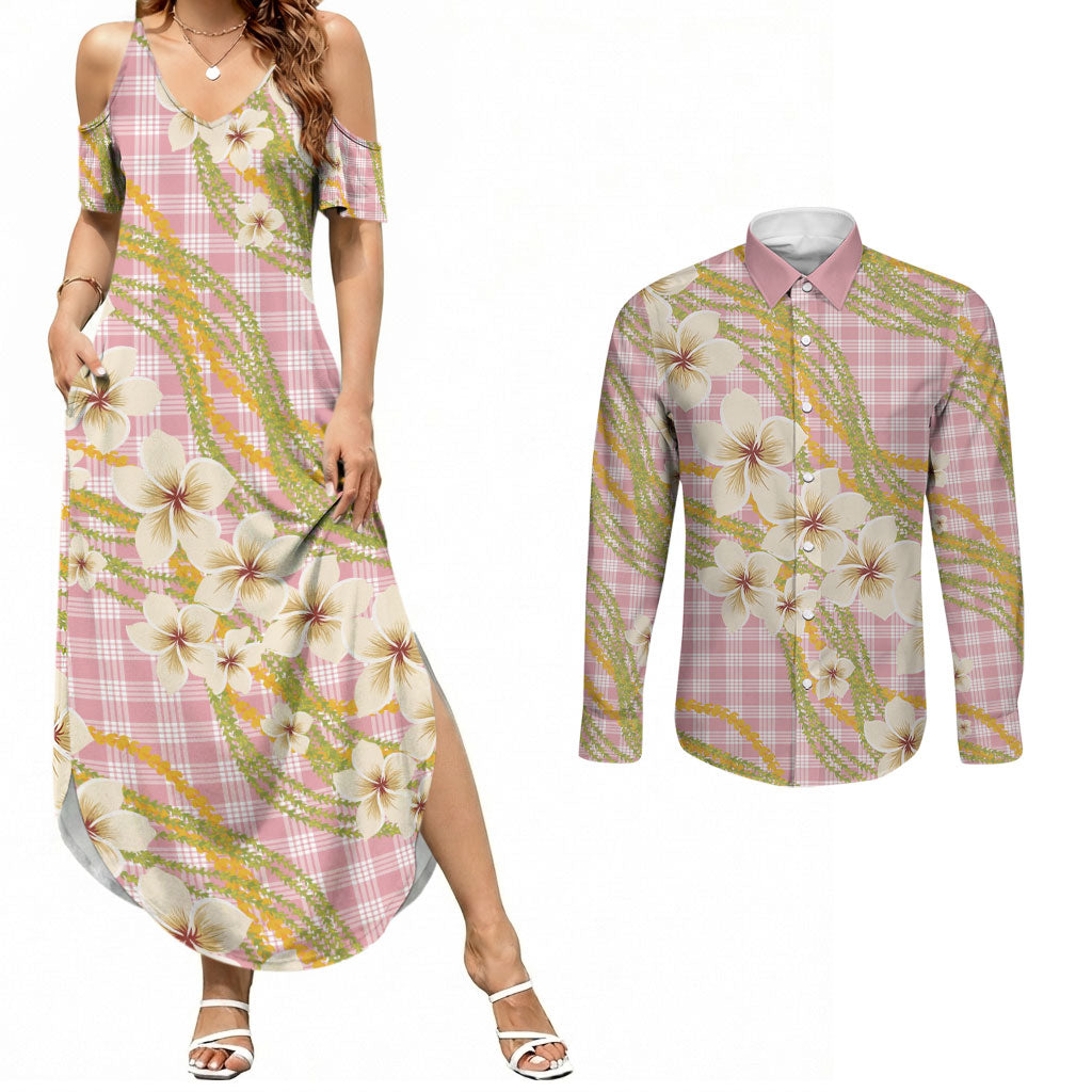 Akala Hamele Palaka Plumeria Couples Matching Summer Maxi Dress and Long Sleeve Button Shirt Puakenikeni and Maile Lei