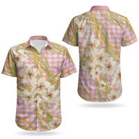Akala Hamele Palaka Plumeria Couples Matching Tank Maxi Dress and Hawaiian Shirt Puakenikeni and Maile Lei