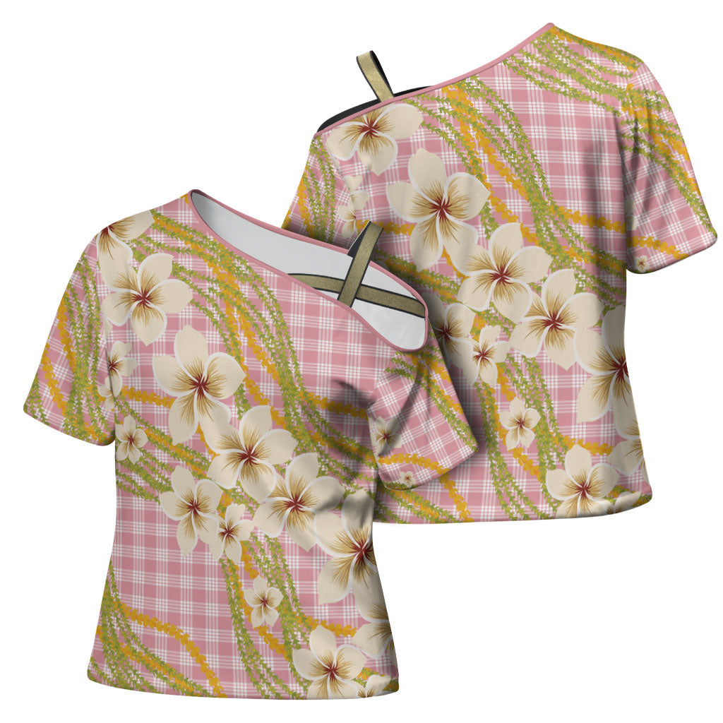 Akala Hamele Palaka Plumeria Cross Shoulder Shirt Puakenikeni and Maile Lei