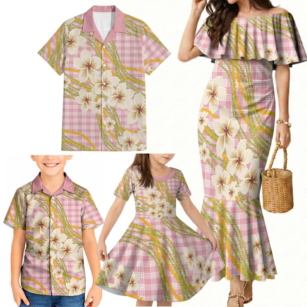 Akala Hamele Palaka Plumeria Family Matching Mermaid Dress and Hawaiian Shirt Puakenikeni and Maile Lei