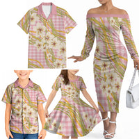 Akala Hamele Palaka Plumeria Family Matching Off The Shoulder Long Sleeve Dress and Hawaiian Shirt Puakenikeni and Maile Lei