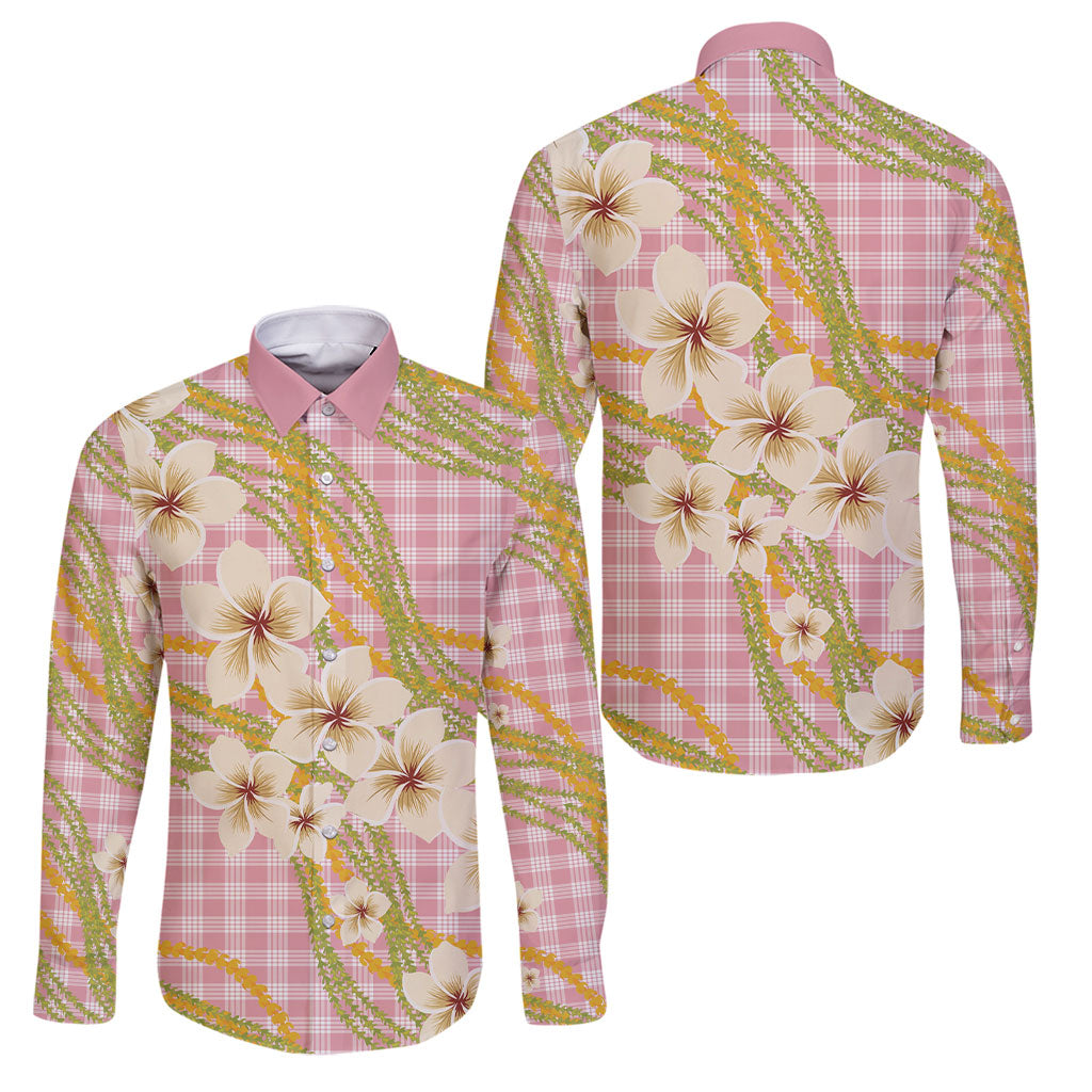 Akala Hamele Palaka Plumeria Family Matching Off Shoulder Maxi Dress and Hawaiian Shirt Puakenikeni and Maile Lei