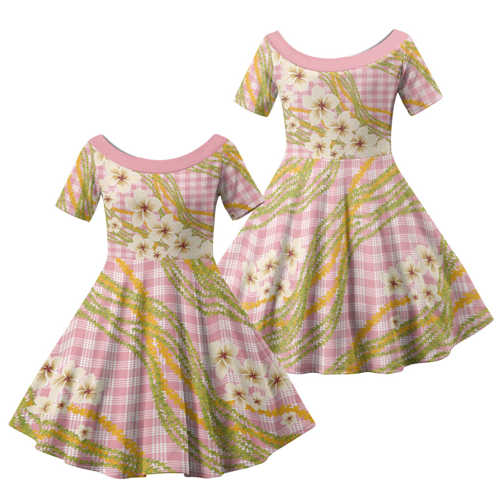 Akala Hamele Palaka Plumeria Family Matching Off Shoulder Short Dress and Hawaiian Shirt Puakenikeni and Maile Lei