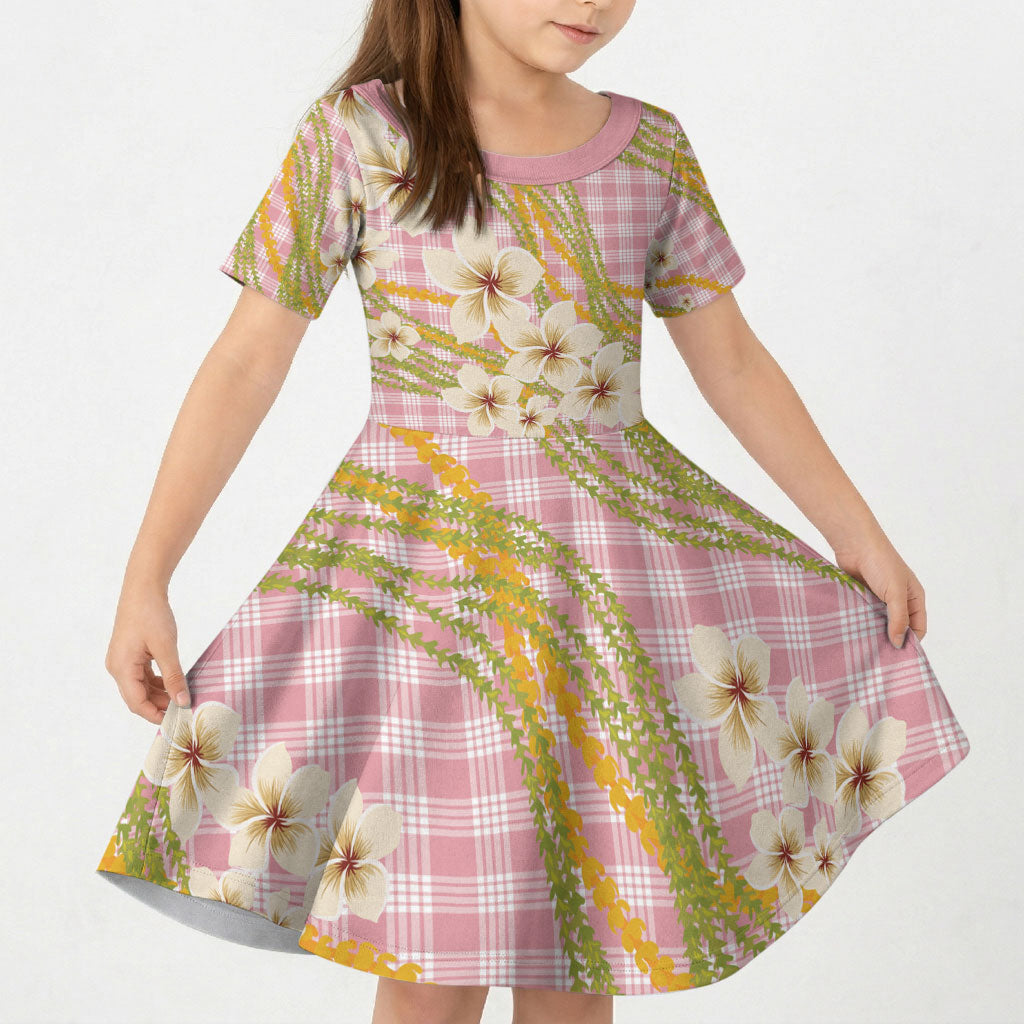 Akala Hamele Palaka Plumeria Kid Short Sleeve Dress Puakenikeni and Maile Lei