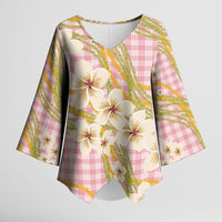Akala Hamele Palaka Plumeria Kimono Sleeve Blouse Puakenikeni and Maile Lei