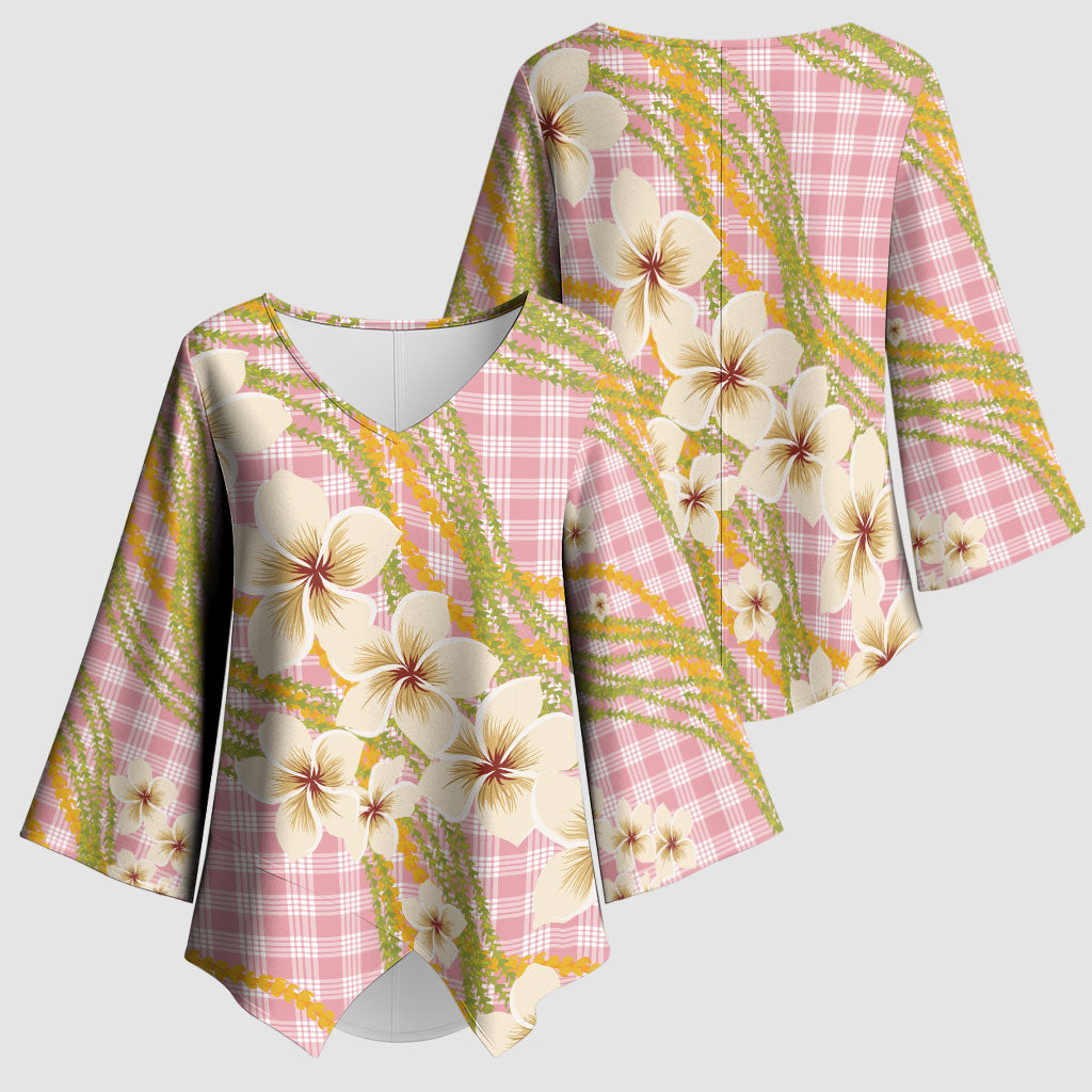 Akala Hamele Palaka Plumeria Kimono Sleeve Blouse Puakenikeni and Maile Lei