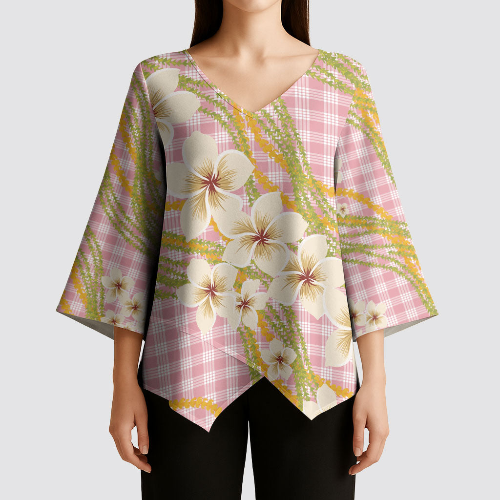Akala Hamele Palaka Plumeria Kimono Sleeve Blouse Puakenikeni and Maile Lei