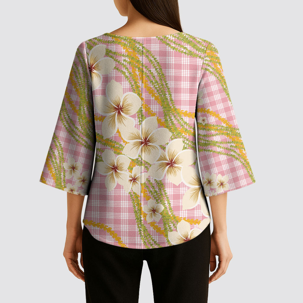 Akala Hamele Palaka Plumeria Kimono Sleeve Blouse Puakenikeni and Maile Lei