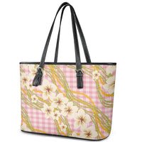 Akala Hamele Palaka Plumeria Leather Tote Bag Puakenikeni and Maile Lei