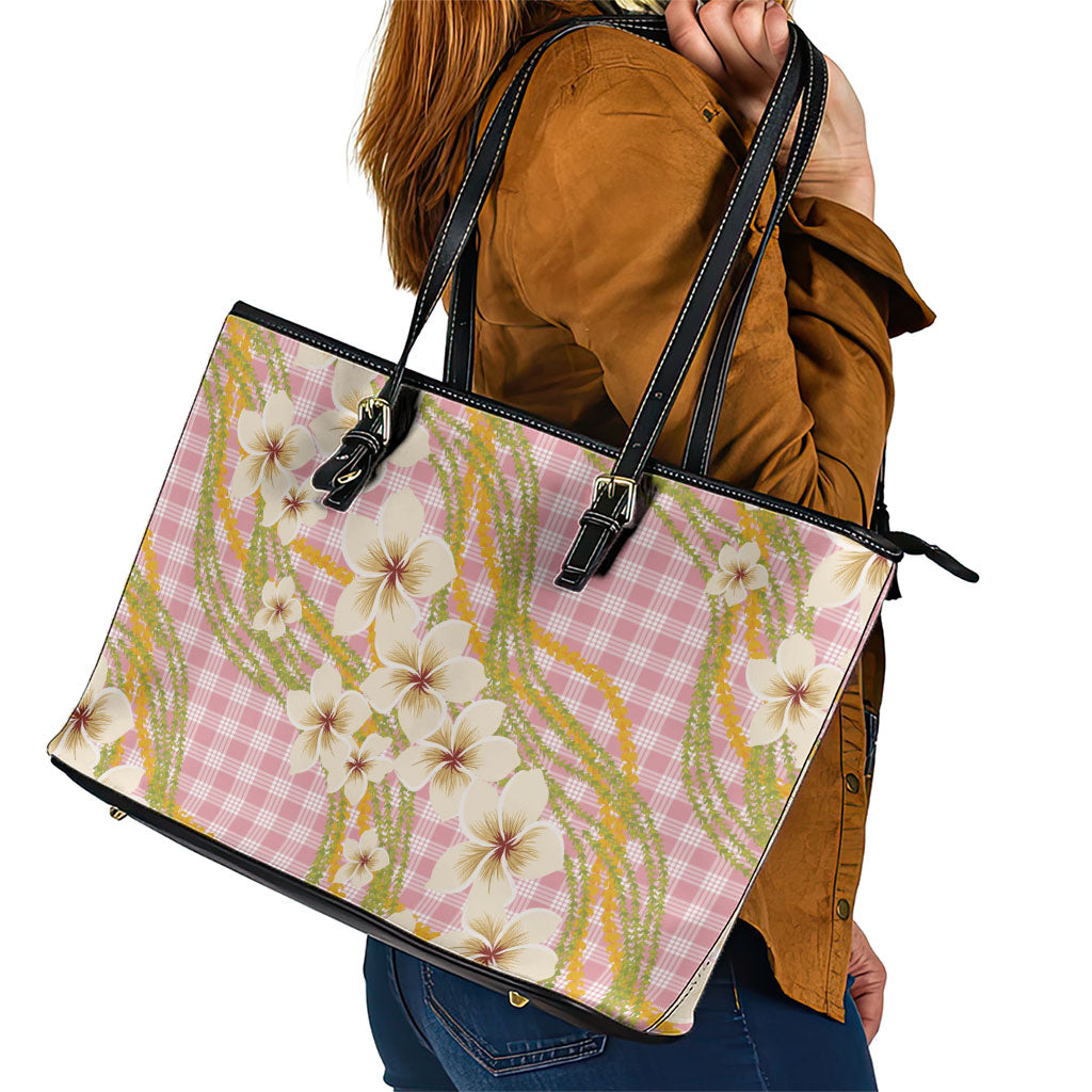 Akala Hamele Palaka Plumeria Leather Tote Bag Puakenikeni and Maile Lei