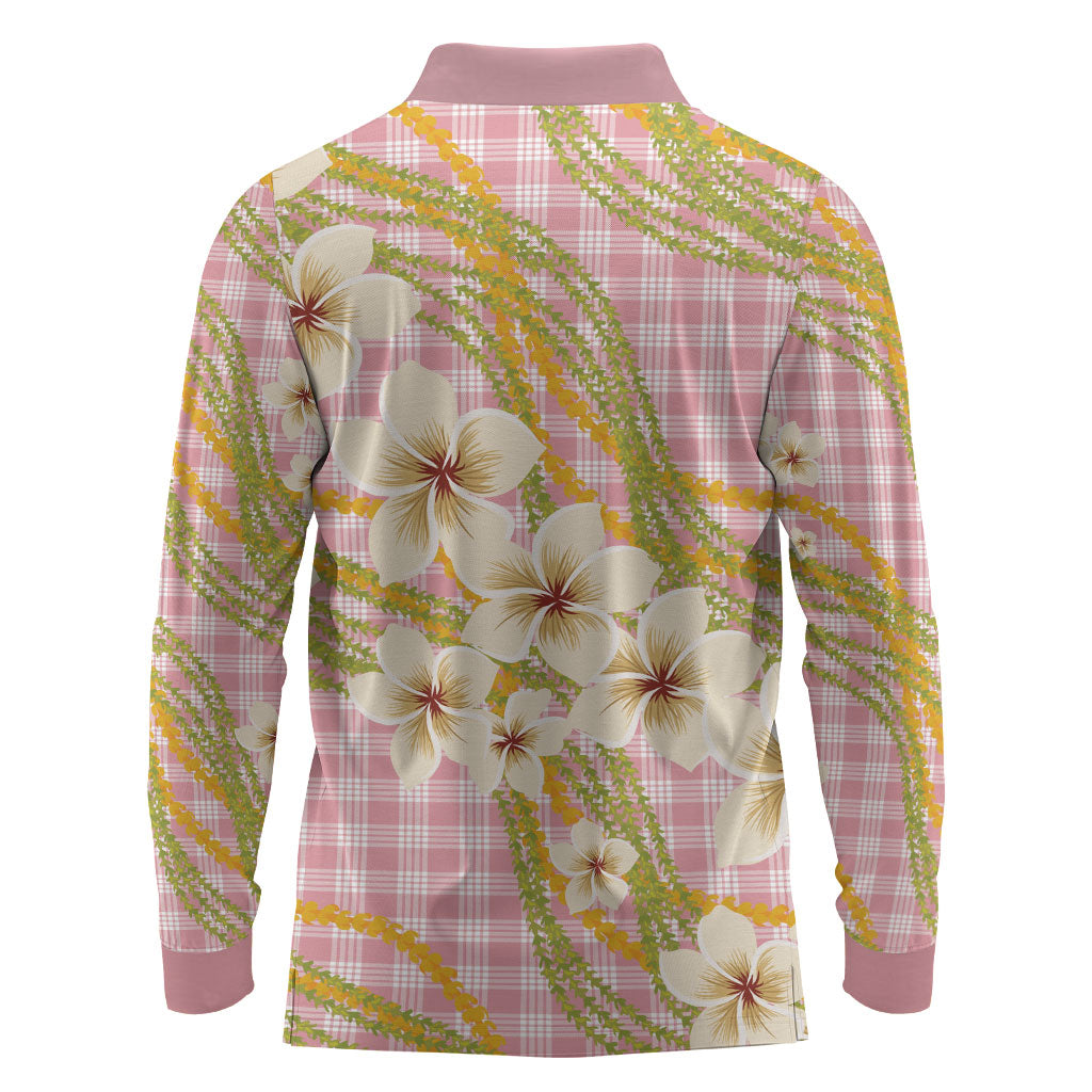 Akala Hamele Palaka Plumeria Long Sleeve Polo Shirt Puakenikeni and Maile Lei