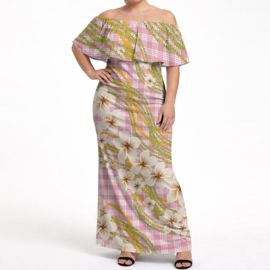 Akala Hamele Palaka Plumeria Off Shoulder Maxi Dress Puakenikeni and Maile Lei
