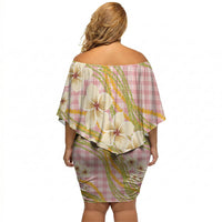 Akala Hamele Palaka Plumeria Off Shoulder Short Dress Puakenikeni and Maile Lei