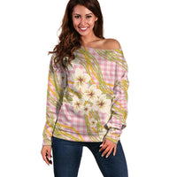 Akala Hamele Palaka Plumeria Off Shoulder Sweater Puakenikeni and Maile Lei